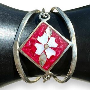 Vintage Alpaca Silver and Abalone Shell Cuff Bracelet